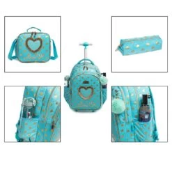 Sac à Dos à Roulettes Fille Turquoise Avec Coeur Avec Trousse Et Sac à Bandoulière Assortis -Bagage Soldes 0 74521a