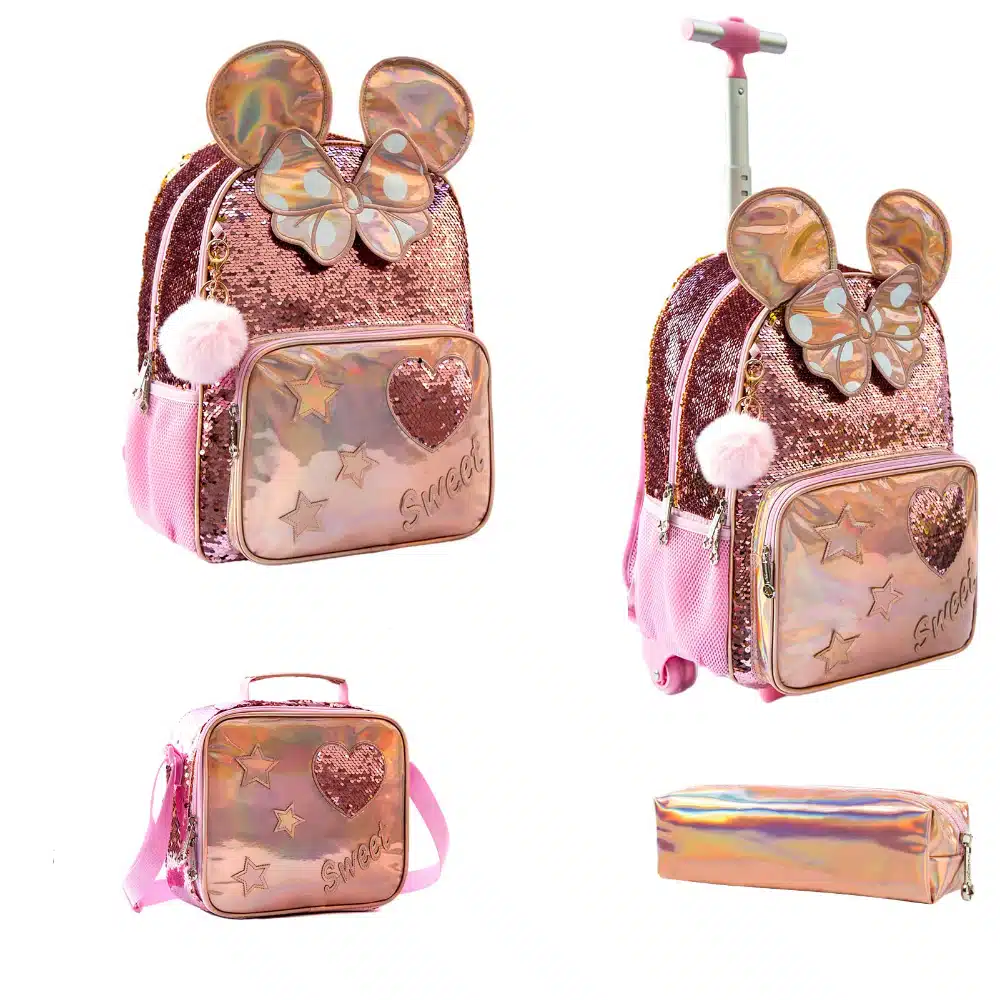 Sac à Dos à Roulettes Fille à Paillettes Avec Trousse Et Sac à Bandoulière Assortis 2 Sac à Dos à Roulettes Fille à Paillettes Avec Trousse Et Sac à Bandoulière Assortis – Image 2