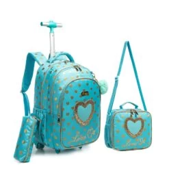 Sac Ă Dos Ă Roulettes Fille Turquoise Avec Coeur Avec Trousse Et Sac Ă BandouliĂšre Assortis