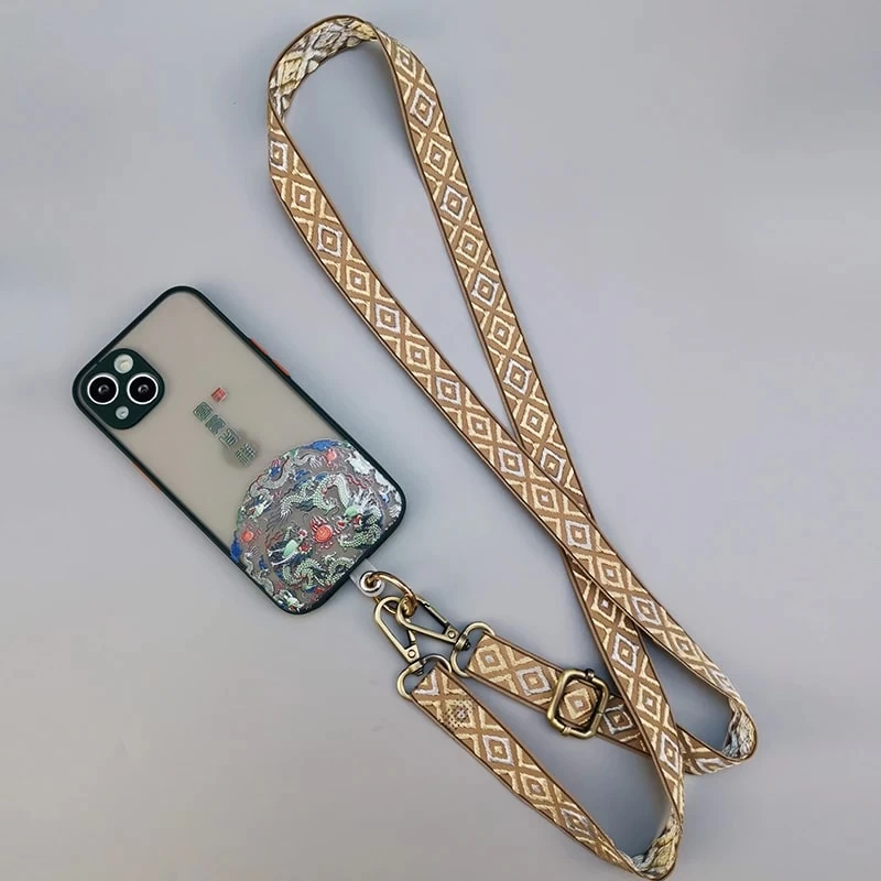 Bandoulière Téléphone En Tissu Et Métal Avec Motifs De Losanges 1 Bandoulière Téléphone En Tissu Et Métal Avec Motifs De Losanges